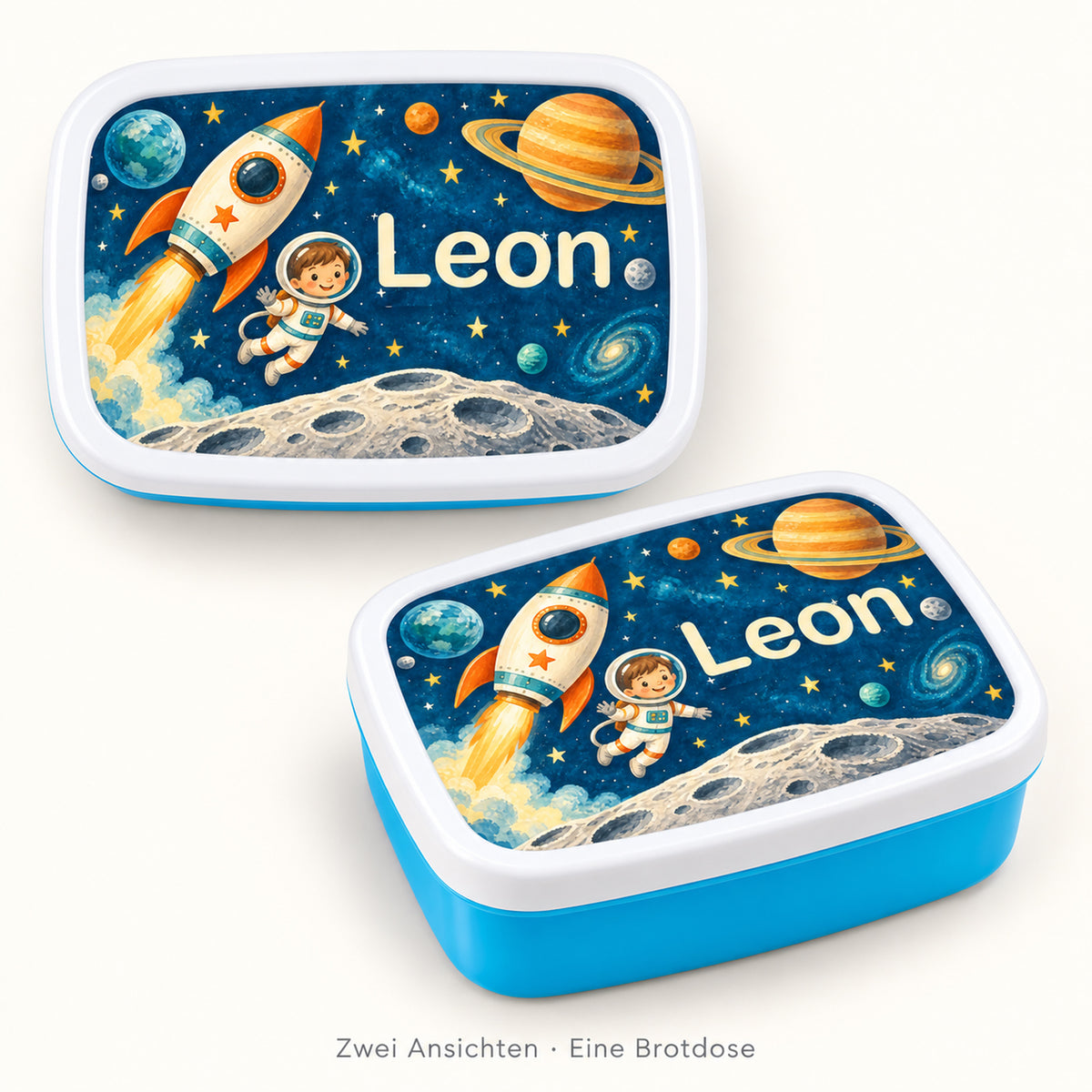 Personalisierte blaue Brotdose Weltraum-Abenteuer mit Beispielname Leon: Zwei Ansichten derselben Brotdose