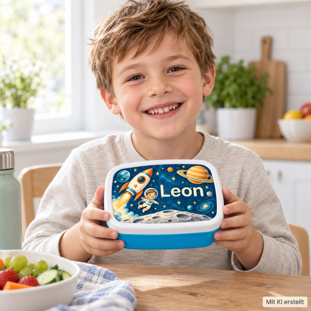 Personalisierte blaue Brotdose Weltraum-Abenteuer mit Beispielname Leon: Brotdose im Alltag mit Kind