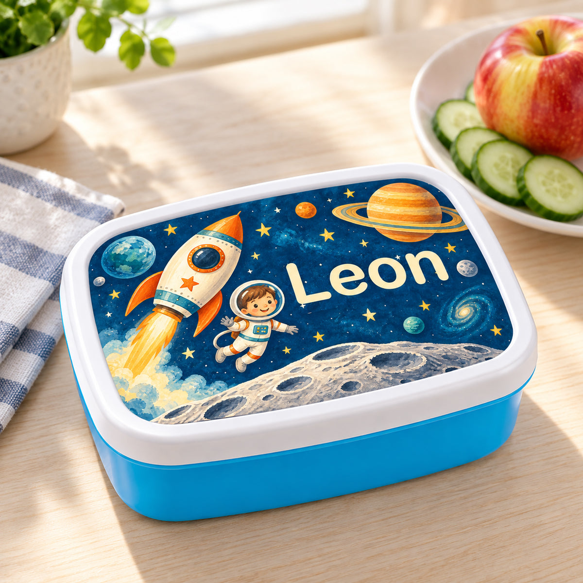Personalisierte blaue Brotdose Weltraum-Abenteuer mit Beispielname Leon: Pausenszene