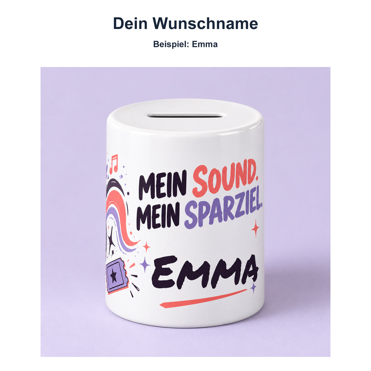Spardose Musik mit Namen – Mein Sparziel – Wunschname, Beispielname Emma
