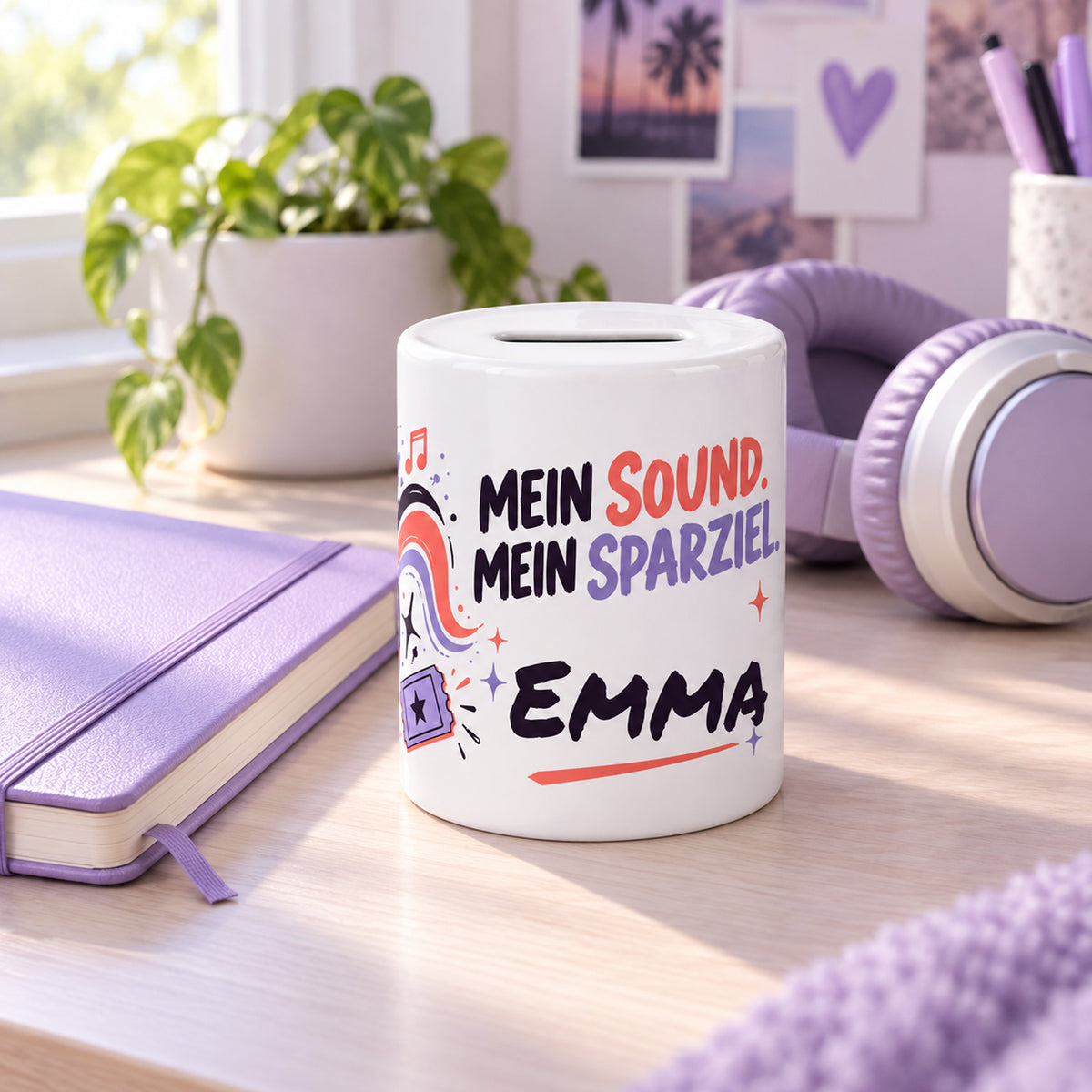 Spardose Musik mit Namen – Mein Sparziel – Wohnszene, Beispielname Emma