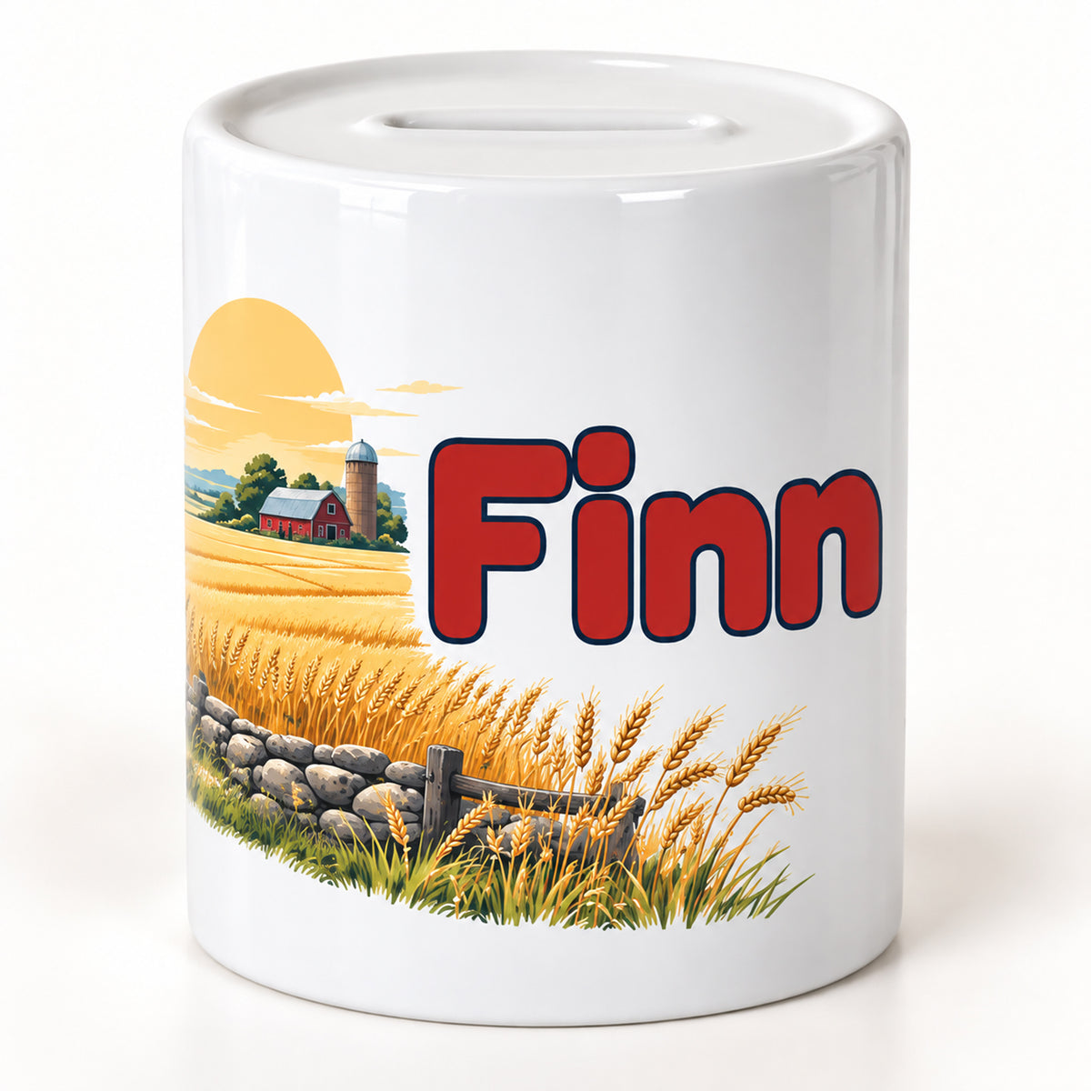 Roter Traktor im Kornfeld: personalisierte Keramik-Spardose, namensseite mit Beispielname Finn