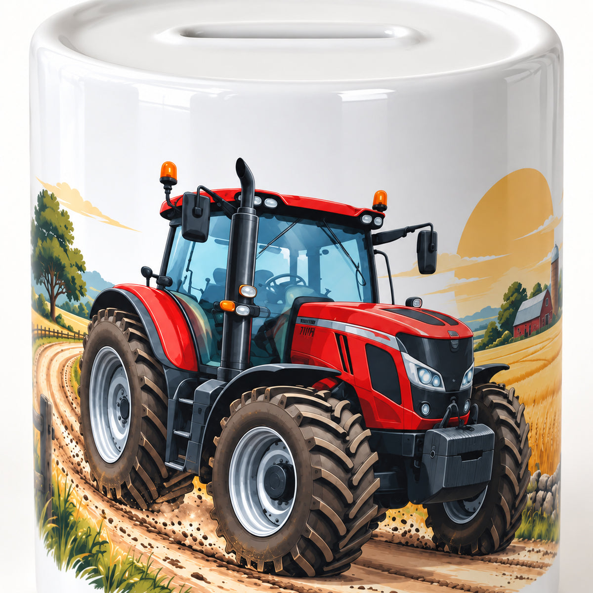 Roter Traktor im Kornfeld: personalisierte Keramik-Spardose, motivdetail
