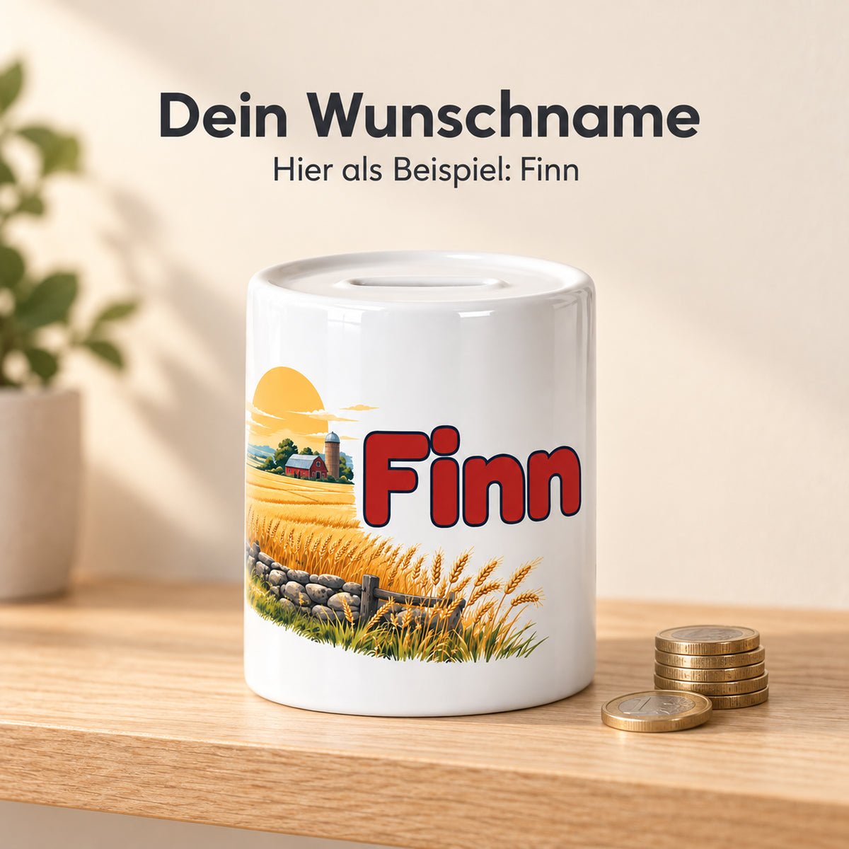 Roter Traktor im Kornfeld: personalisierte Keramik-Spardose, personalisierung mit Beispielname Finn