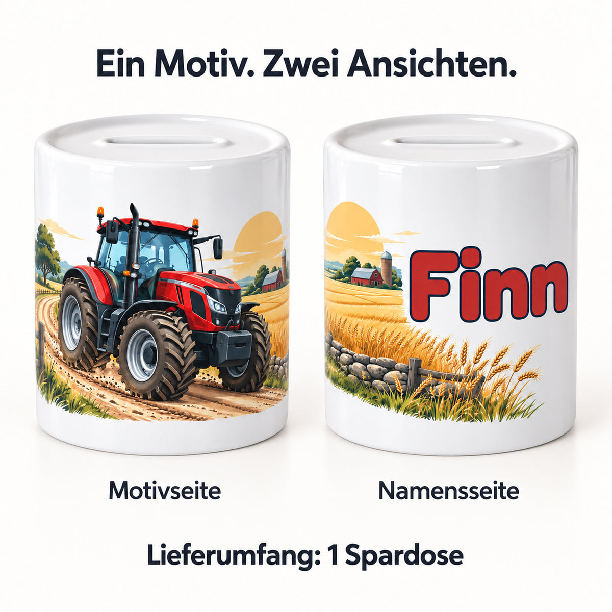 Roter Traktor im Kornfeld: personalisierte Keramik-Spardose, beide seiten mit Beispielname Finn