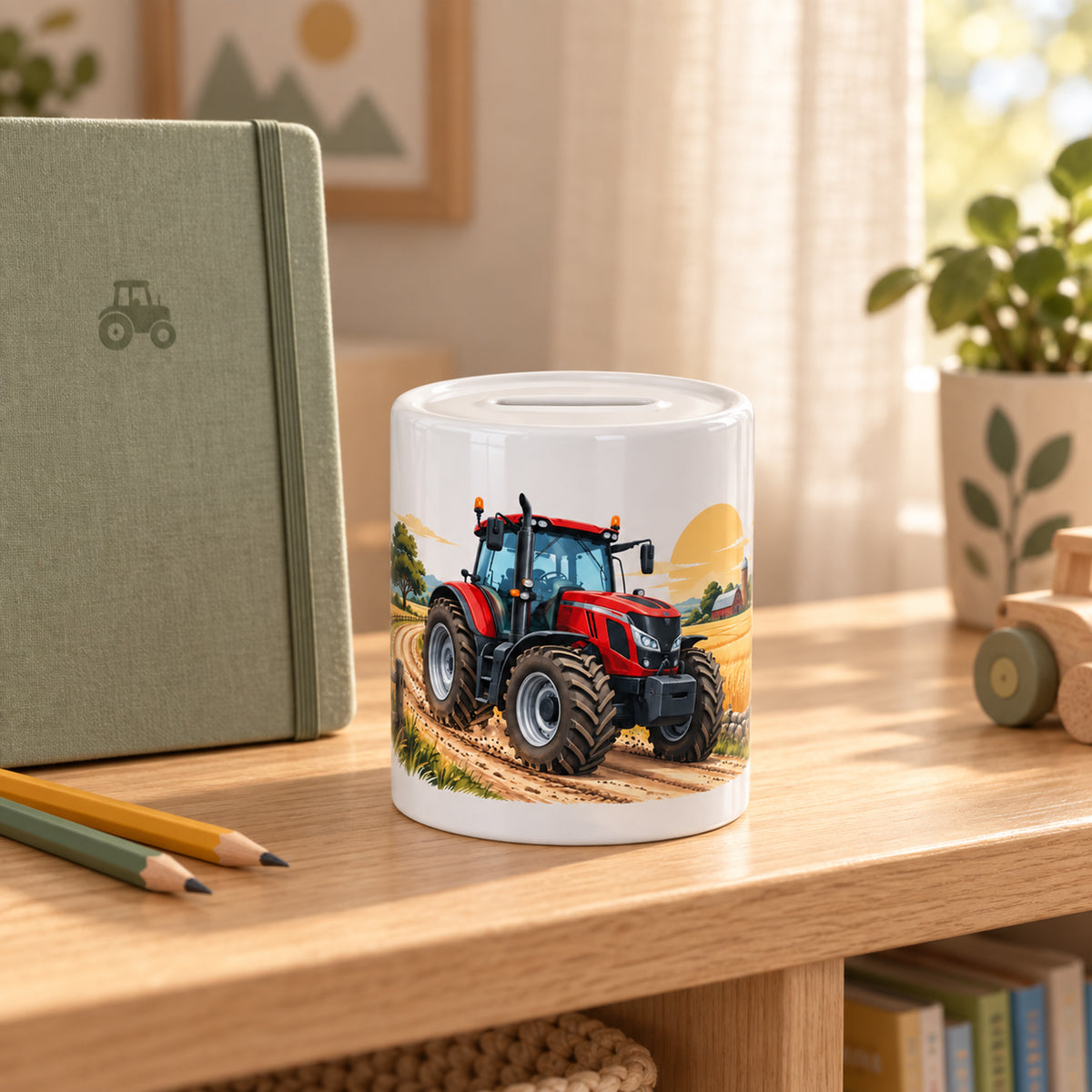 Roter Traktor im Kornfeld: personalisierte Keramik-Spardose, im kinderzimmer