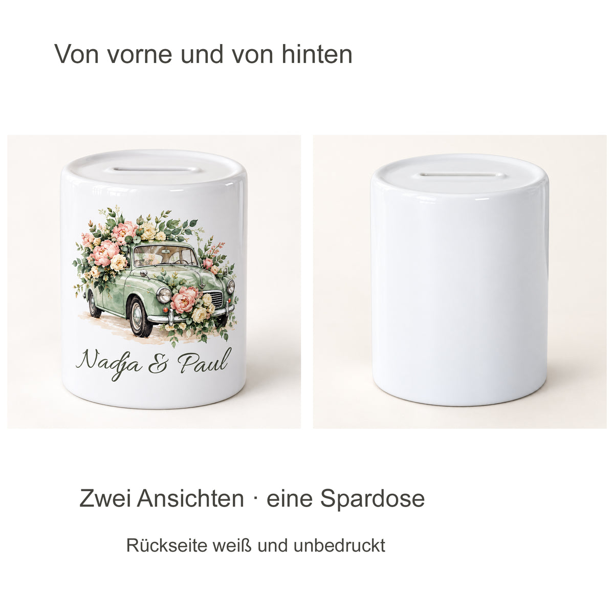 Salbei & Rosen: zwei-ansichten der personalisierten Hochzeits-Spardose mit Nadja und Paul