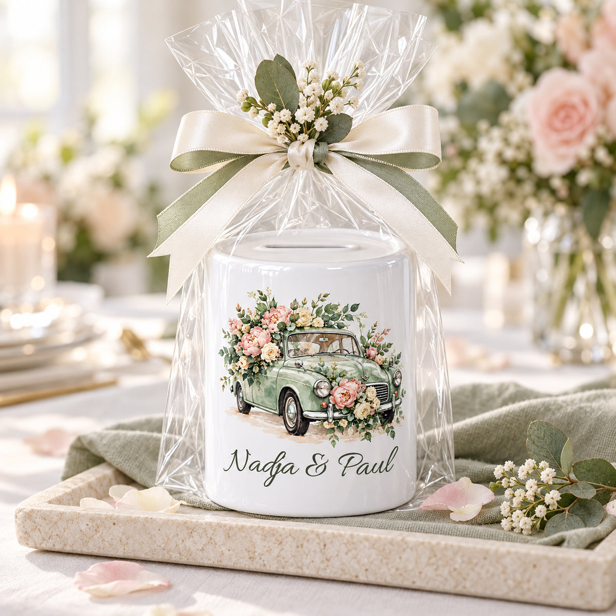 Salbei & Rosen: geschenkidee der personalisierten Hochzeits-Spardose mit Nadja und Paul