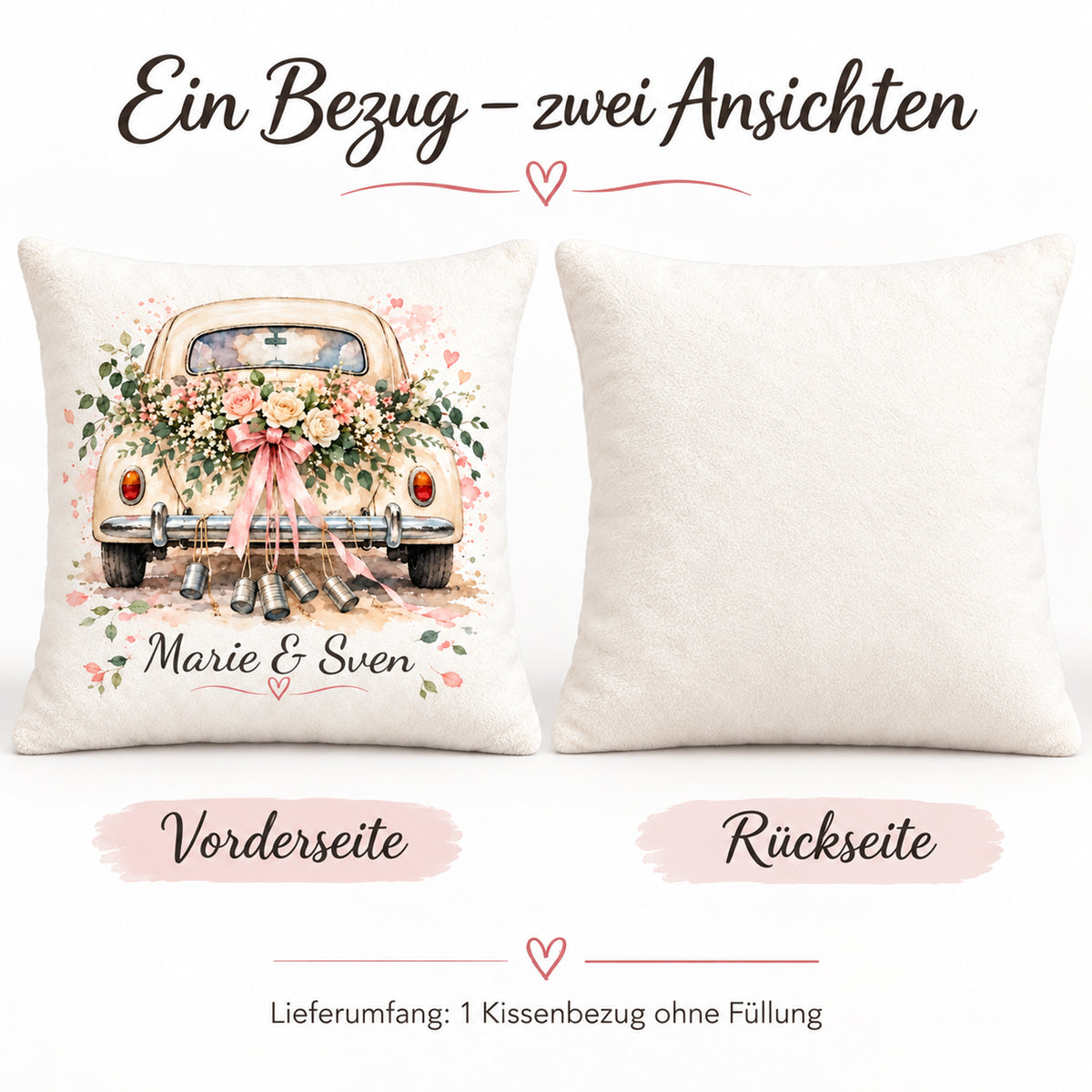Bedruckte Vorderseite des personalisierten Hochzeitskissenbezugs mit Marie & Sven.