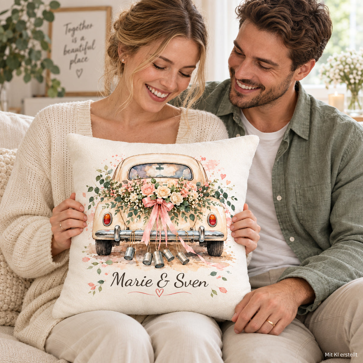 Erwachsenes Paar mit dem Hochzeitsauto-Kissenbezug auf dem Sofa; KI-generierte Szene.