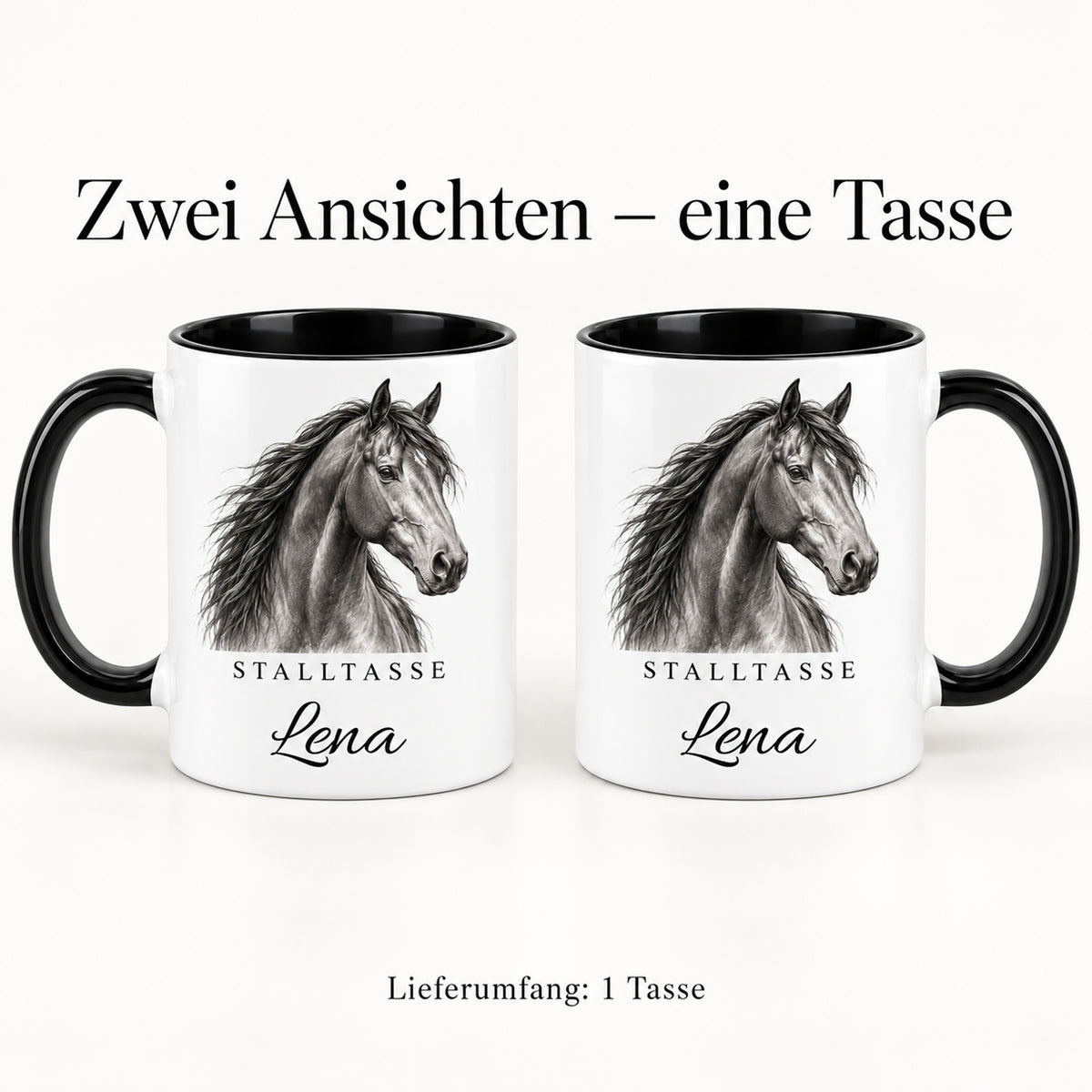 Stalltasse mit Namen Lena – Edles Pferdeporträt, schwarzer Henkel und Innenraum – Beide Druckseiten