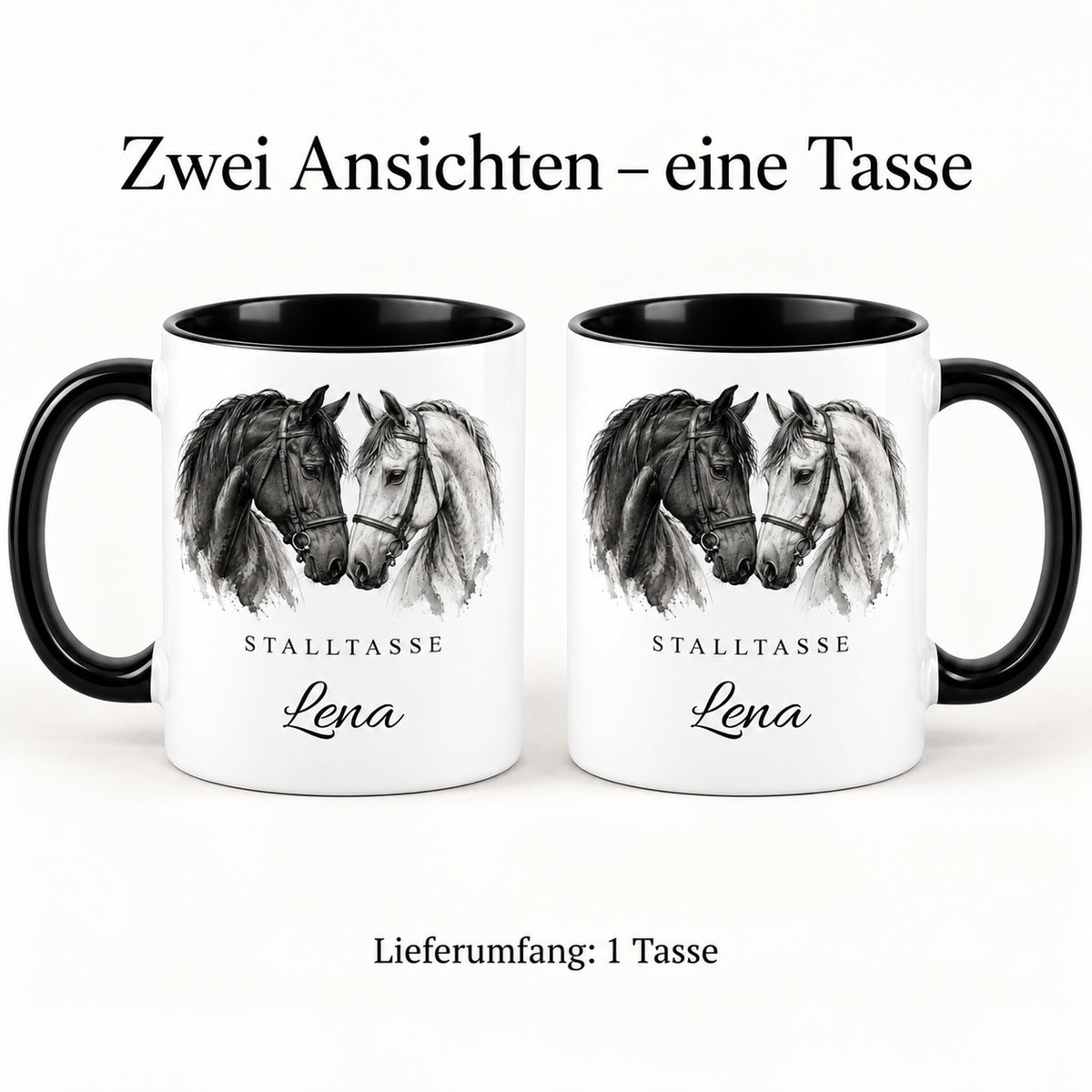 Stalltasse mit Namen Lena – Verbundenheit, schwarzer Henkel und Innenraum – Beide Druckseiten