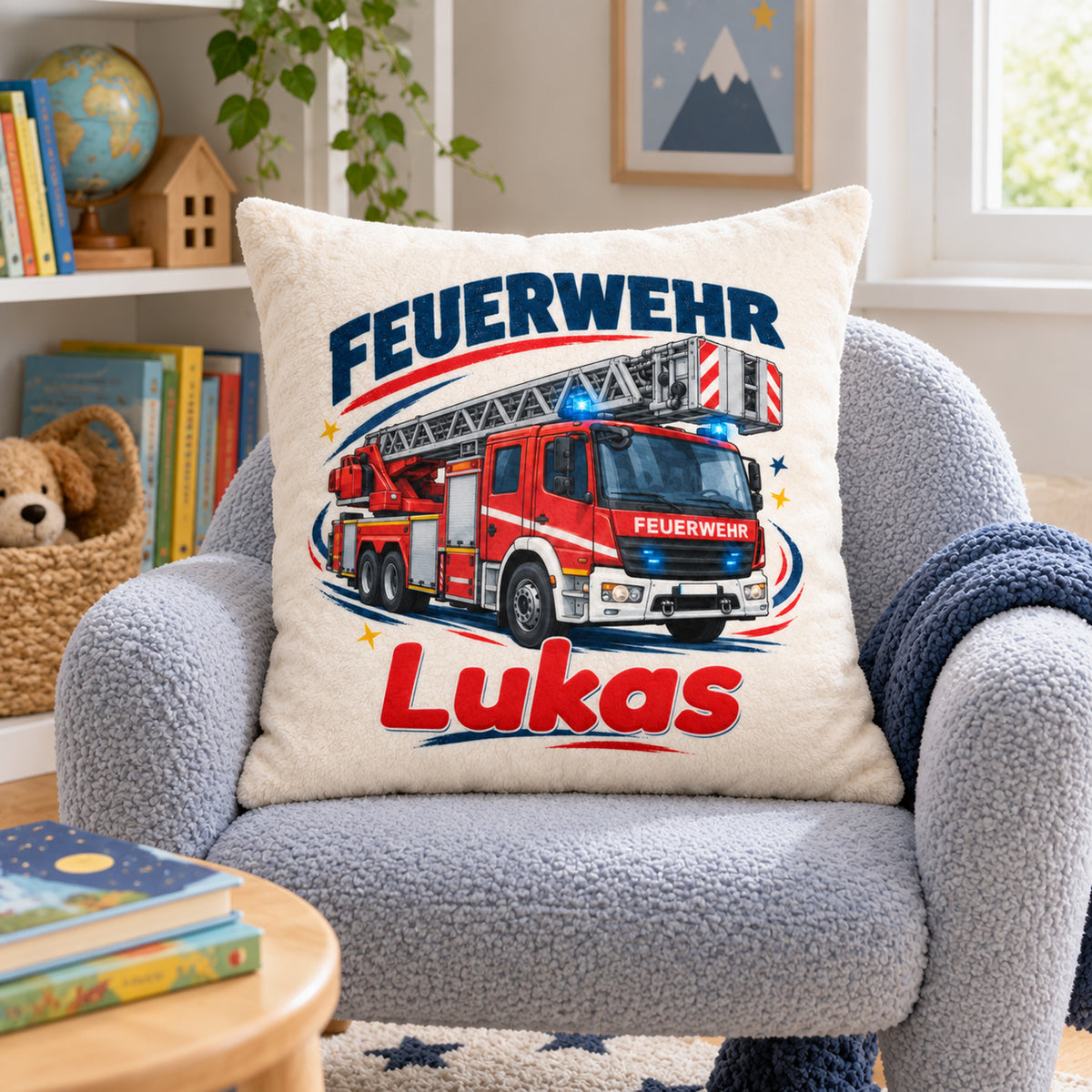 Großes Leiterfahrzeug: Feuerwehr-Kissenbezug in einer Leseecke für Kinder.