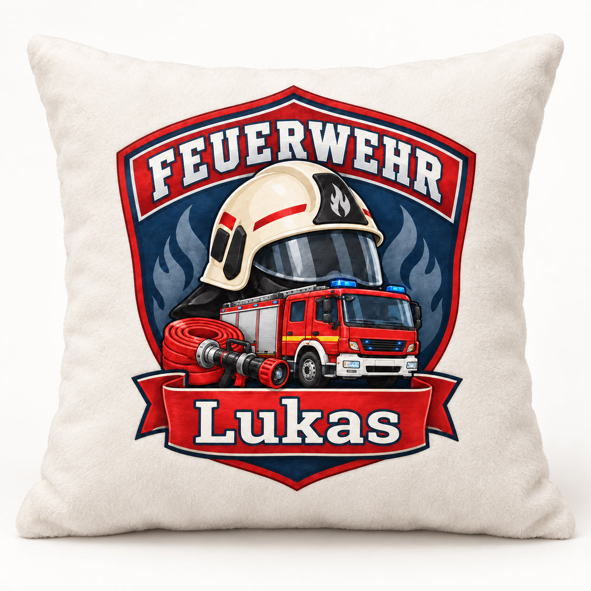 Feuerwehr-Abzeichen: Personalisierter Feuerwehr-Kissenbezug mit Beispielname Lukas.