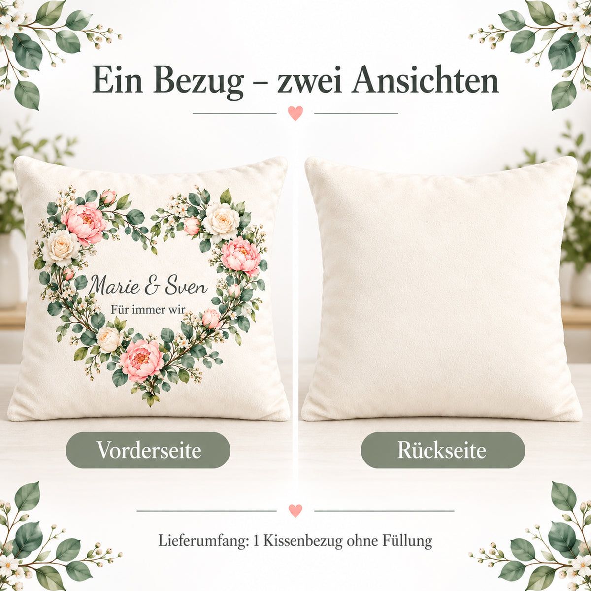 Bedruckte Vorderseite des personalisierten Hochzeitskissenbezugs mit Marie & Sven.