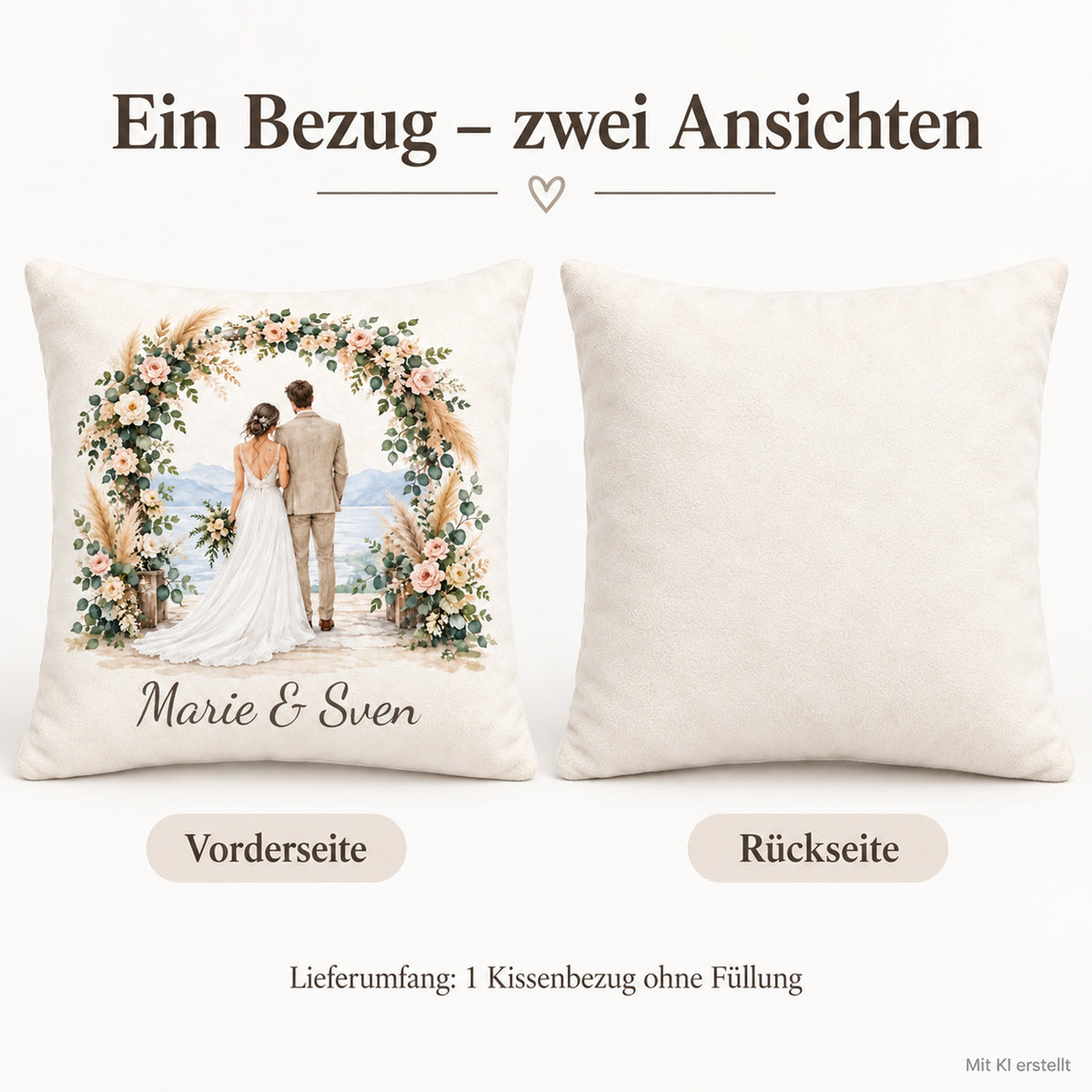 Bedruckte Vorderseite des personalisierten Hochzeitskissenbezugs mit Marie & Sven.