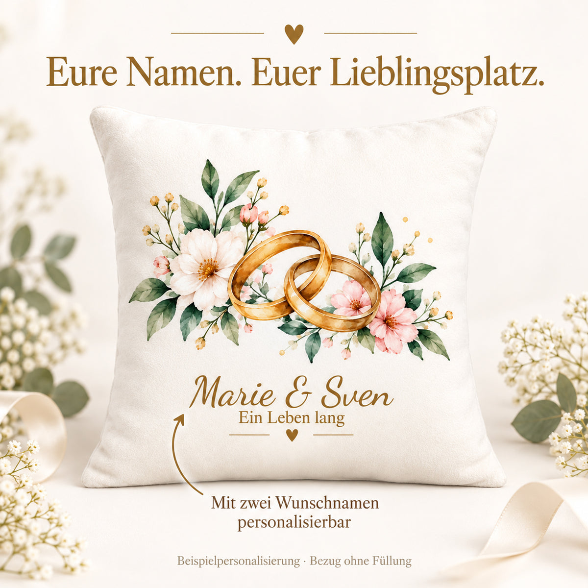 Personalisierung des Eheringe-Kissenbezugs mit Marie & Sven.