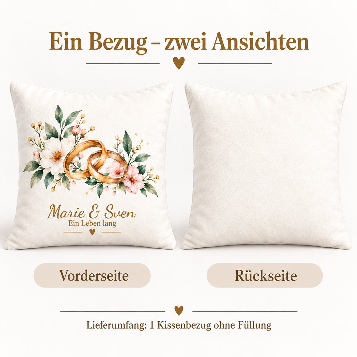 Bedruckte Vorderseite des Hochzeitskissenbezugs Eheringe mit Marie & Sven.