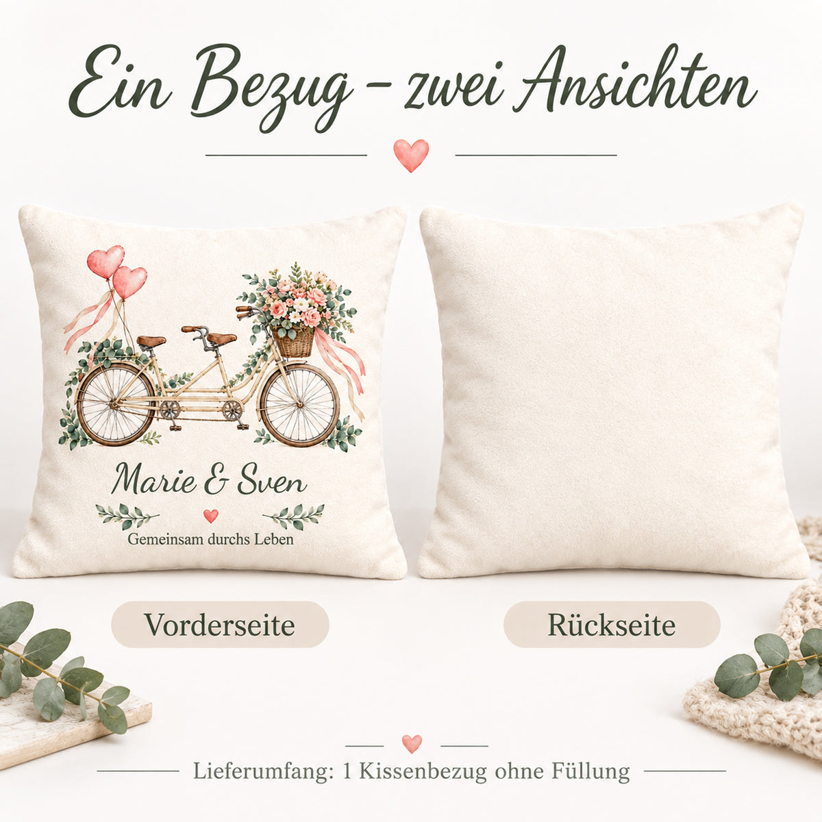 Bedruckte Vorderseite des Hochzeitskissenbezugs Tandem mit Marie & Sven.