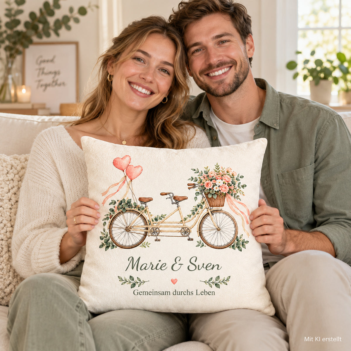 Erwachsenes Paar mit dem Tandem-Kissenbezug auf dem Sofa; KI-generierte Szene.