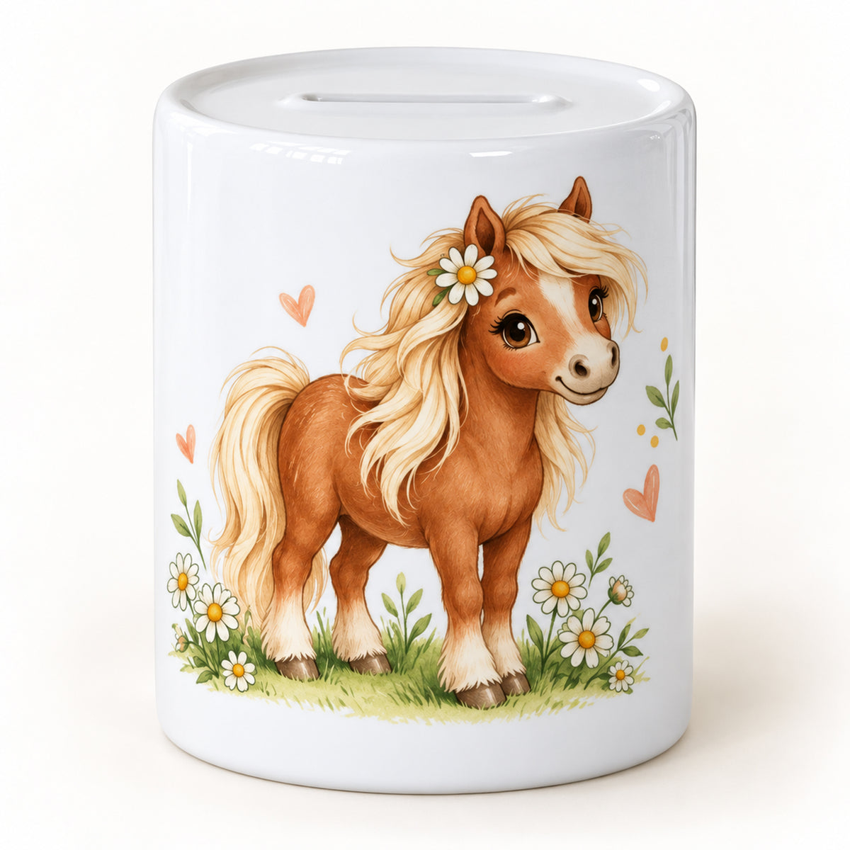 Spardose Blumenpony mit braunem Pony, heller Mähne und weißen Blüten vor hellem Hintergrund.