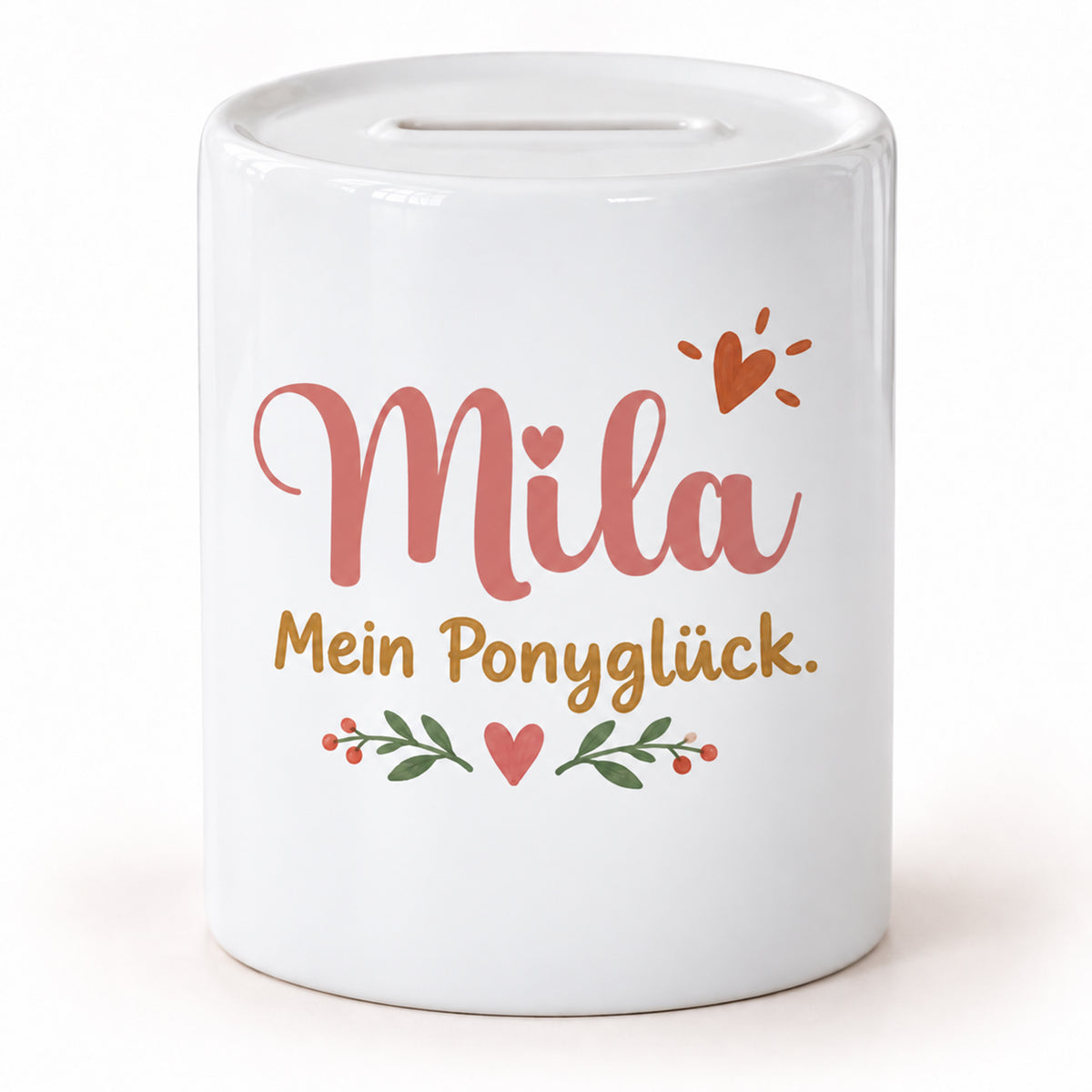 Namensseite der Spardose Mein Ponyglück mit Beispielname Mila und dem Spruch „Mein Ponyglück.“.