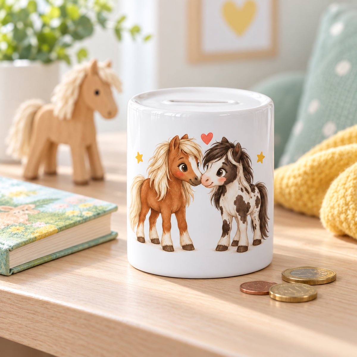 Spardose Pony-Freunde mit Pferdemotiv auf einer Holzfläche in einem hellen Kinderzimmer.