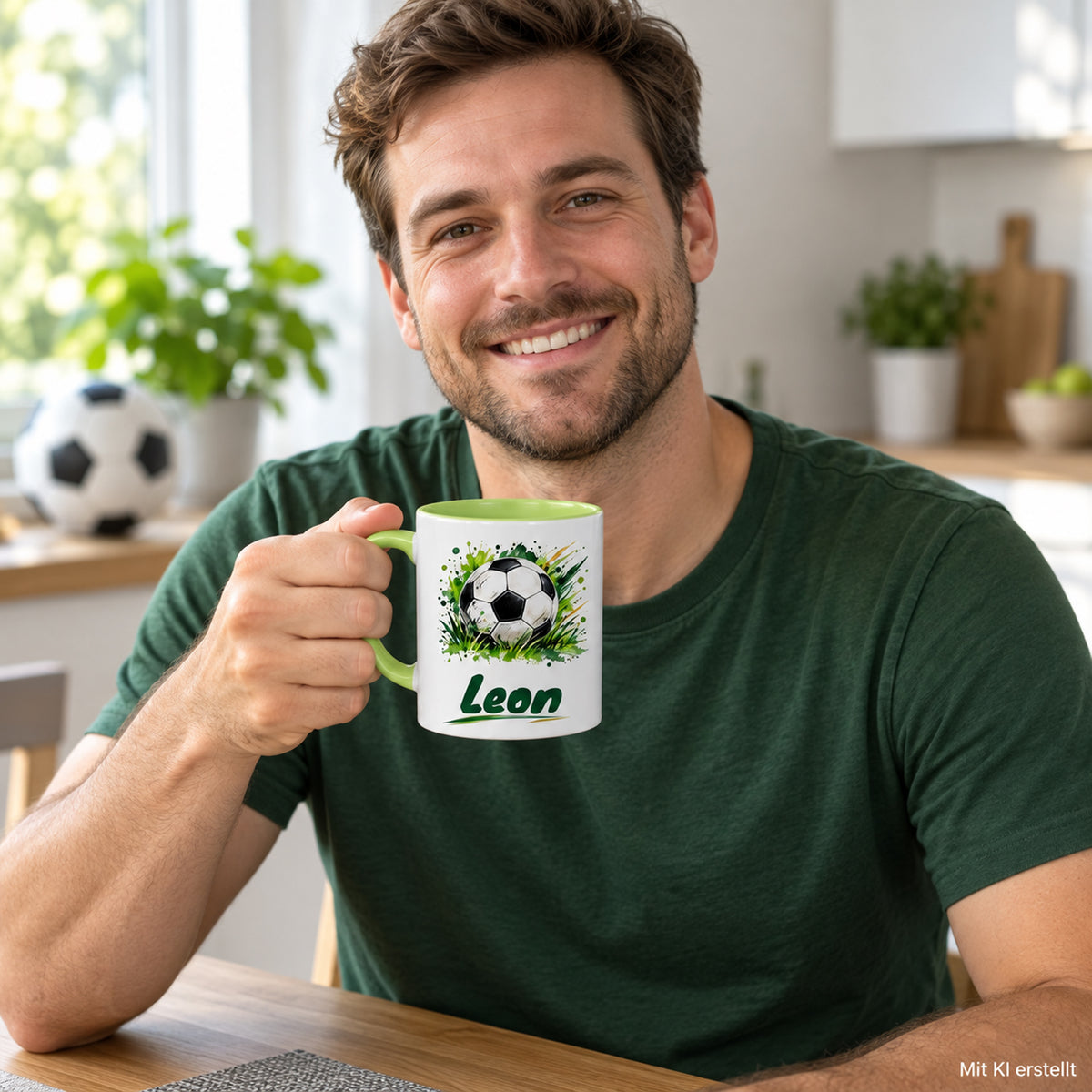 Hellgrüne Fußballtasse Klassischer Fußball mit Beispielname Leon: Tasse in der Hand – mit KI erstellt