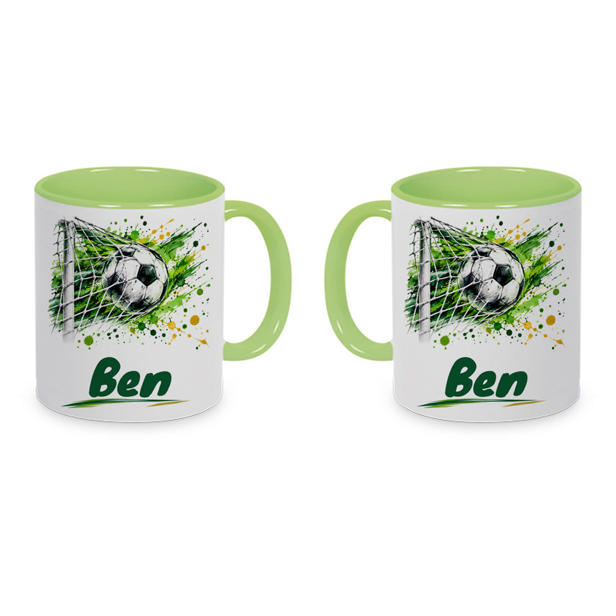 Hellgrüne Fußballtasse Torjubel mit Beispielname Ben: Eine Tasse aus zwei Ansichten