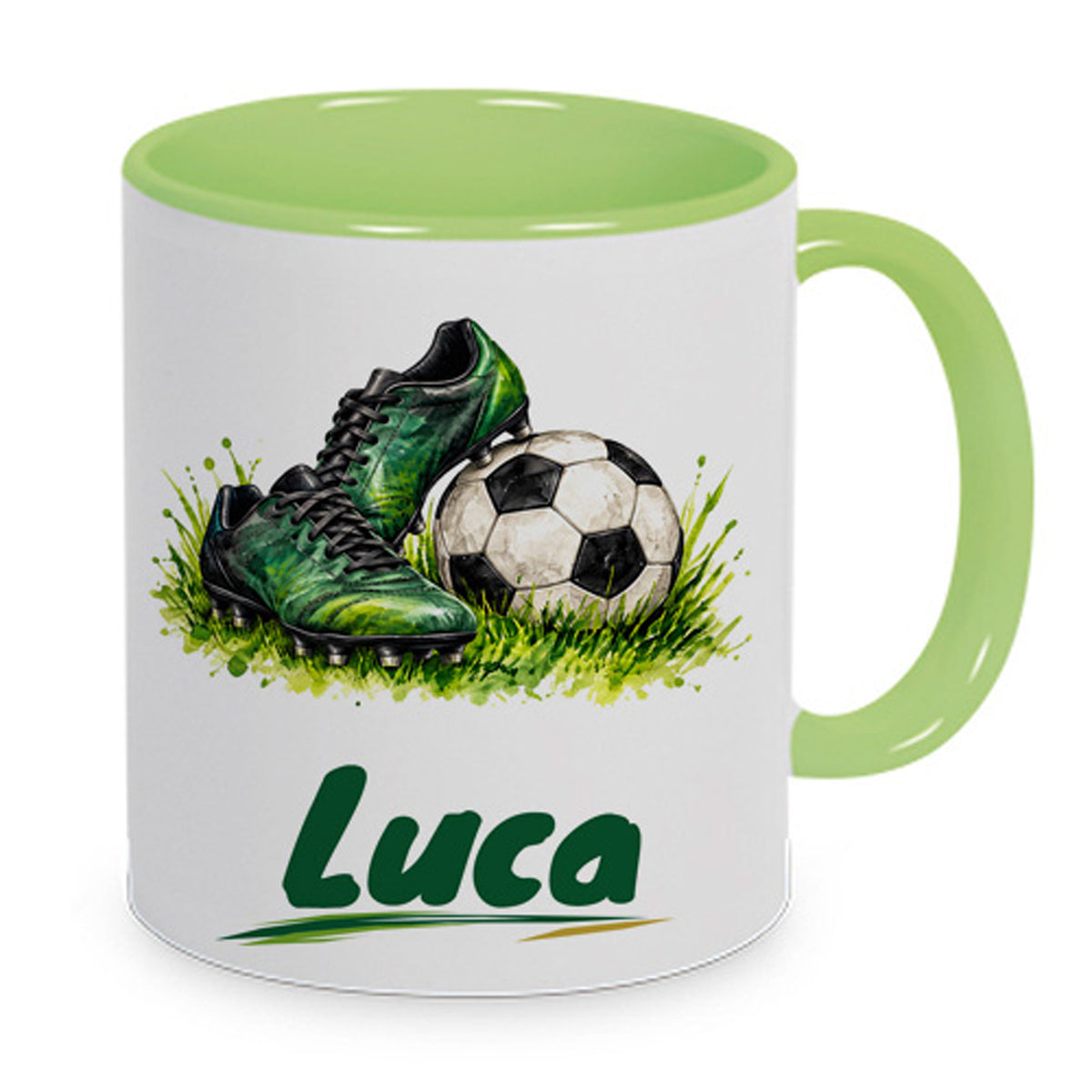 Hellgrüne Fußballtasse Bereit fürs Spiel mit Beispielname Luca: Hauptansicht