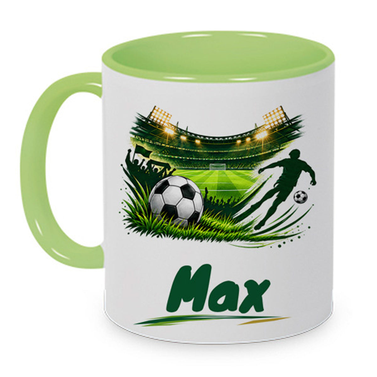 Hellgrüne Fußballtasse Stadionliebe mit Beispielname Max: Zweite bedruckte Seite