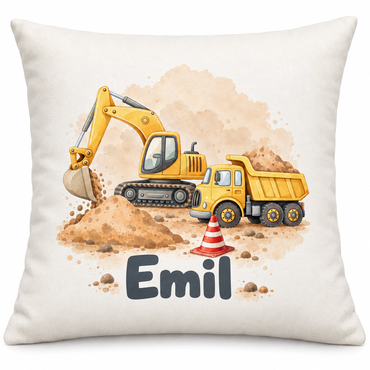 Vorderseite des Kissenbezugs mit Bagger und Kipplaster in Aquarelloptik und Beispielname Emil vor weißem Hintergrund.