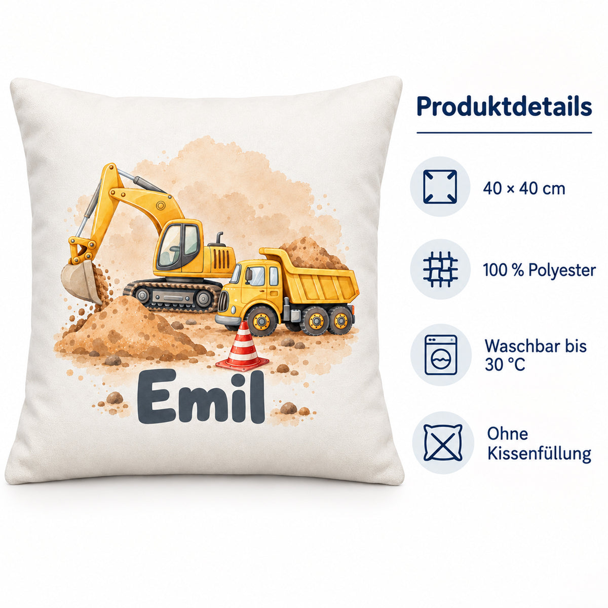 Produktdetails zum personalisierten Kissenbezug: 40 × 40 cm, 100 % Polyester, waschbar bis 30 °C und ohne Kissenfüllung.