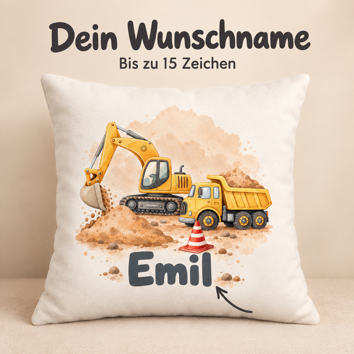 Personalisierung des Kissenbezugs mit Beispielname Emil; Wunschname bis 15 Zeichen.