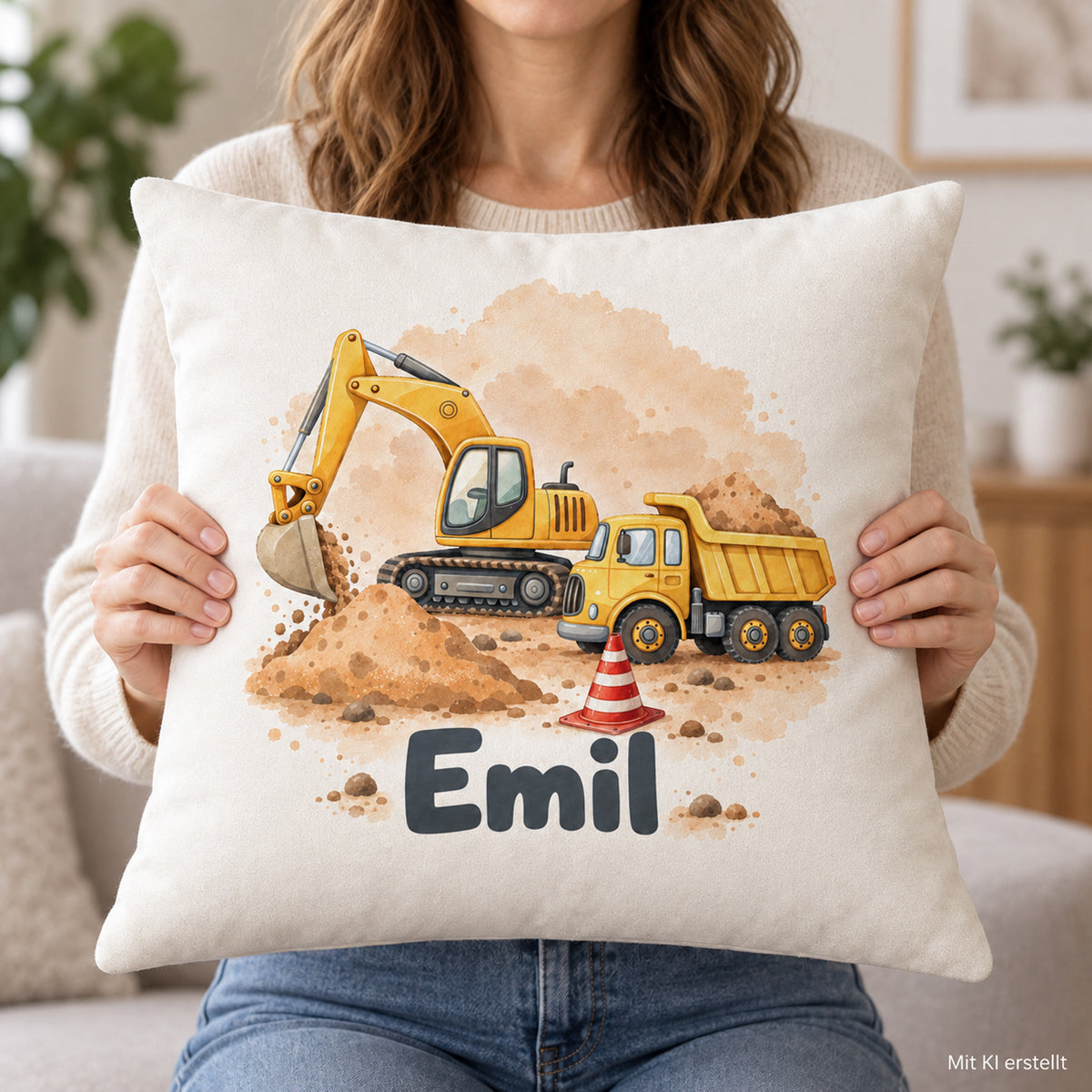 Eine erwachsene Person hält einen 40 × 40 cm großen Kissenbezug mit Bagger und Kipplaster und Beispielname Emil. Mit Hinweis „Mit KI erstellt“.