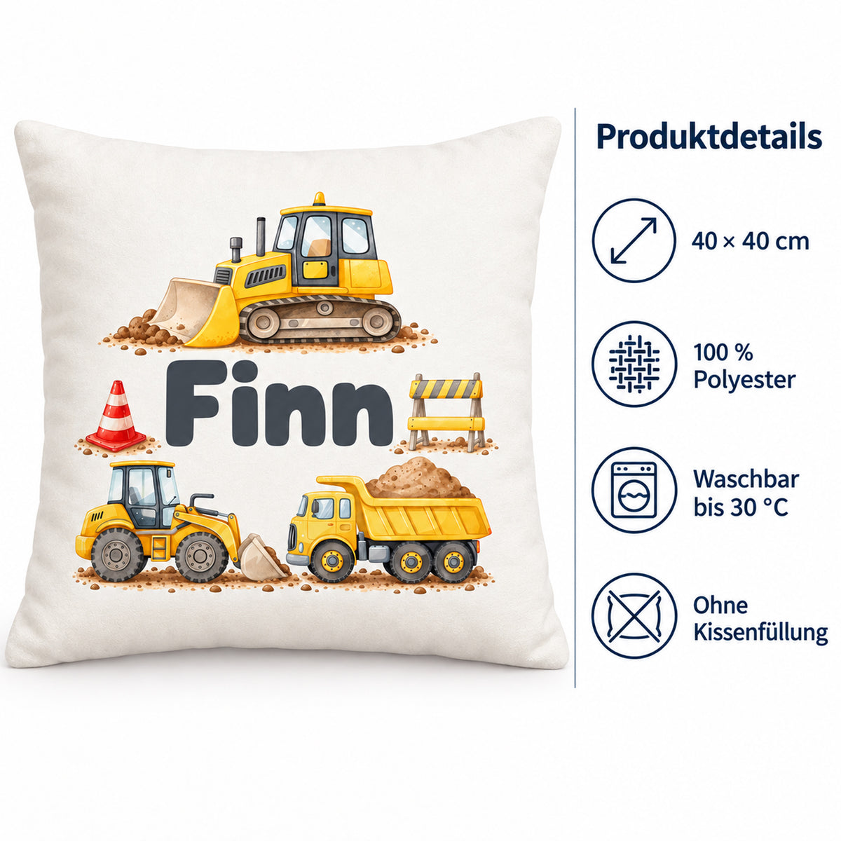 Produktdetails zum personalisierten Kissenbezug: 40 × 40 cm, 100 % Polyester, waschbar bis 30 °C und ohne Kissenfüllung.