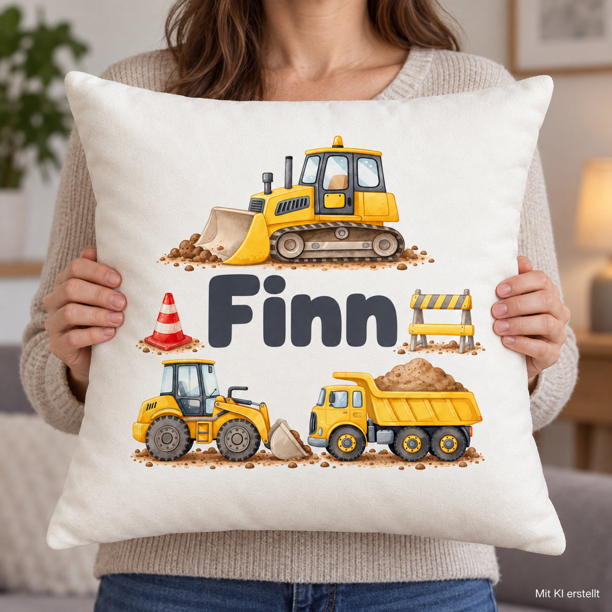 Eine erwachsene Person hält einen 40 × 40 cm großen Kissenbezug mit Planierraupe, Radlader und Kipplaster und Beispielname Finn. Mit Hinweis „Mit KI erstellt“.