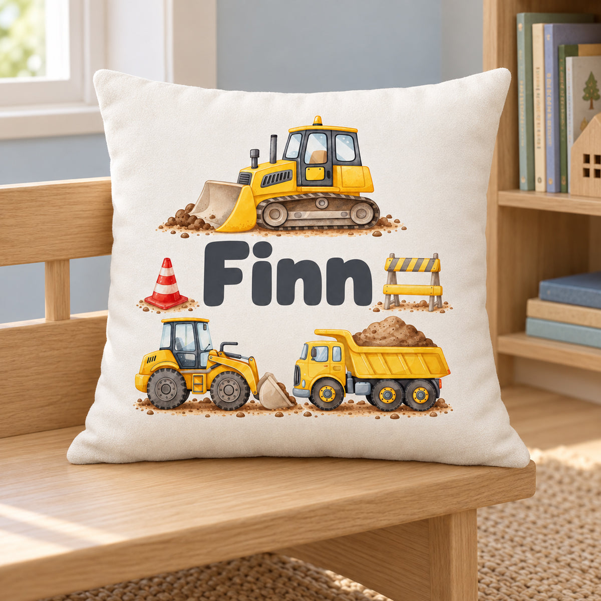 Kissenbezug mit Planierraupe, Radlader und Kipplaster und Beispielname Finn in einer Kinderzimmer-Leseecke.