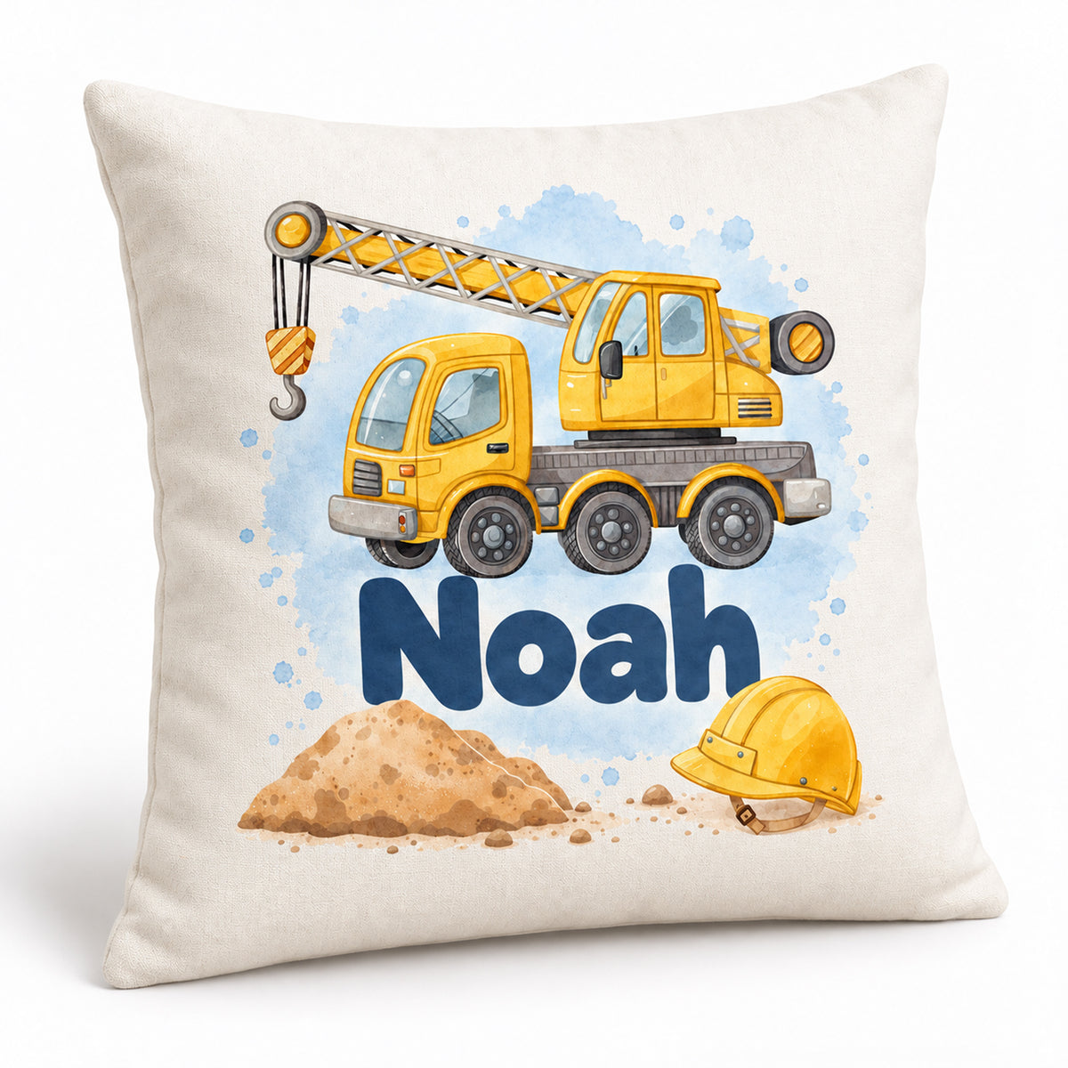 Schräge Vorderansicht des Kissenbezugs mit Kran und Beispielname Noah.