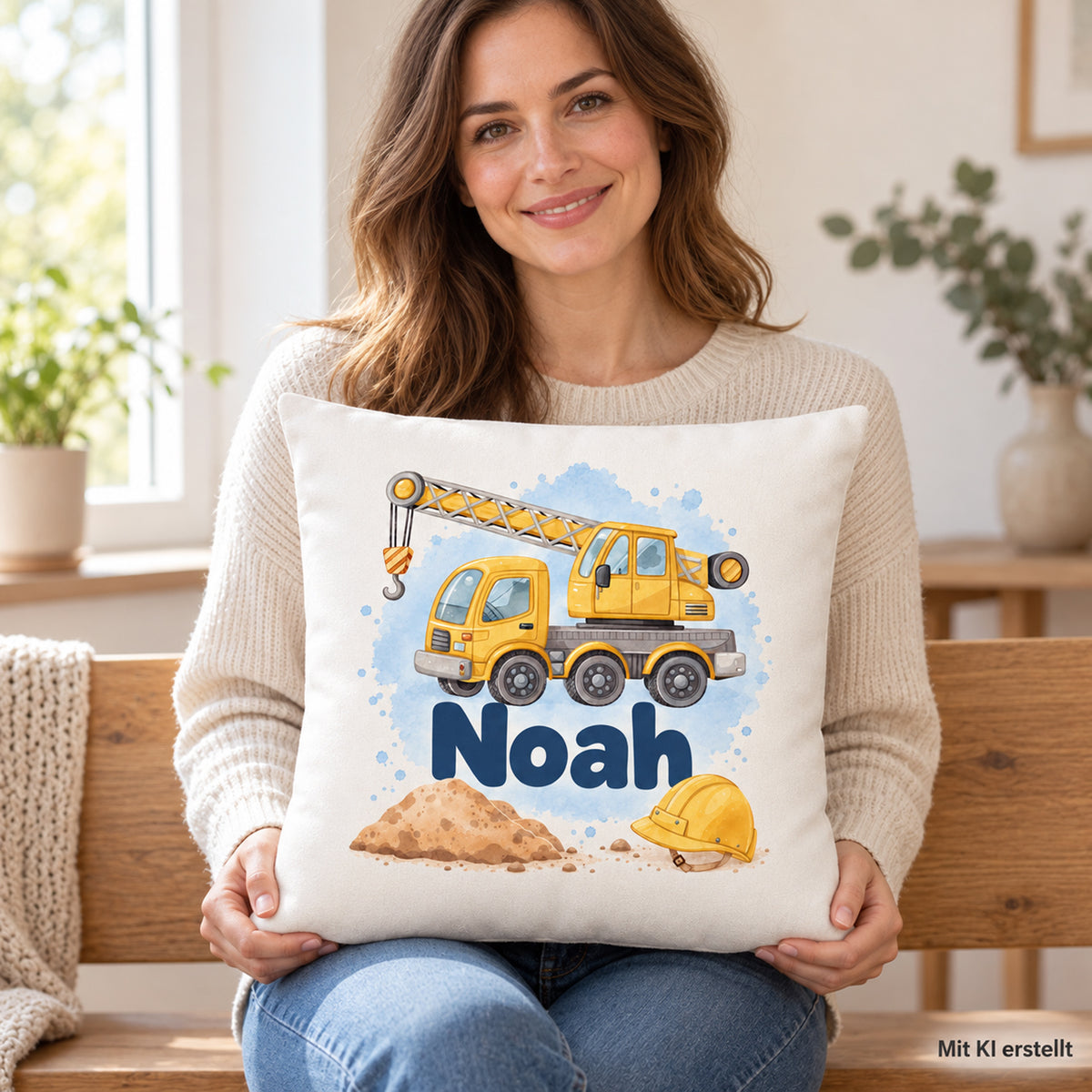 Eine erwachsene Frau hält den Kissenbezug mit Kran und Noah; unten rechts steht Mit KI erstellt.