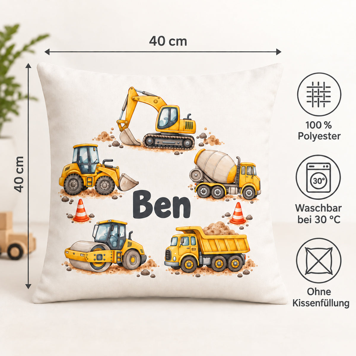Produktdetails zum personalisierten Kissenbezug: 40 × 40 cm, 100 % Polyester, waschbar bei 30 °C und ohne Kissenfüllung.