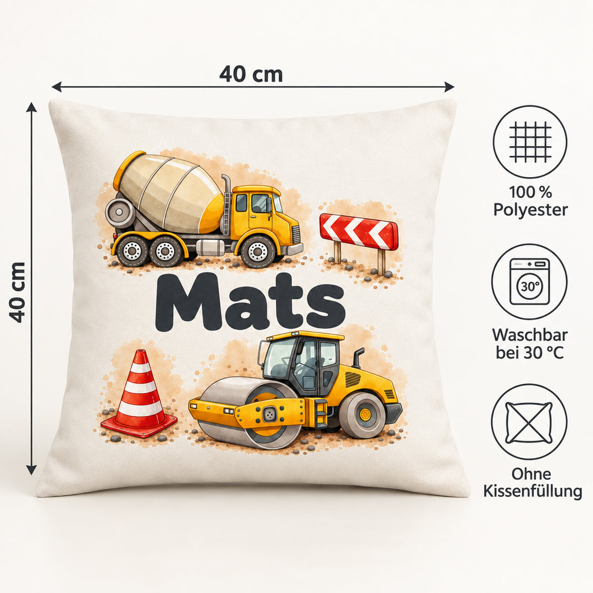 Produktdetails zum personalisierten Kissenbezug: 40 × 40 cm, 100 % Polyester, waschbar bei 30 °C und ohne Kissenfüllung.