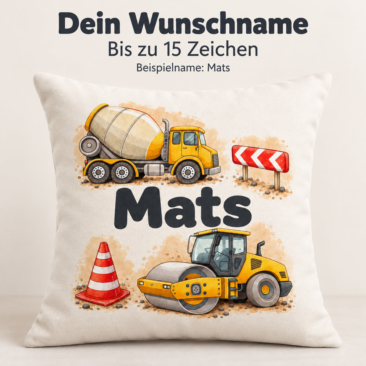 Personalisierung des Kissenbezugs mit Beispielname Mats; Wunschname bis 15 Zeichen.