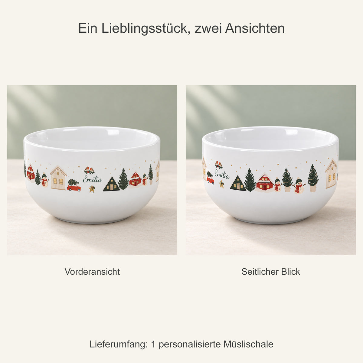 Zwei Ansichten einer personalisierten Müslischale Weihnachtsdorf