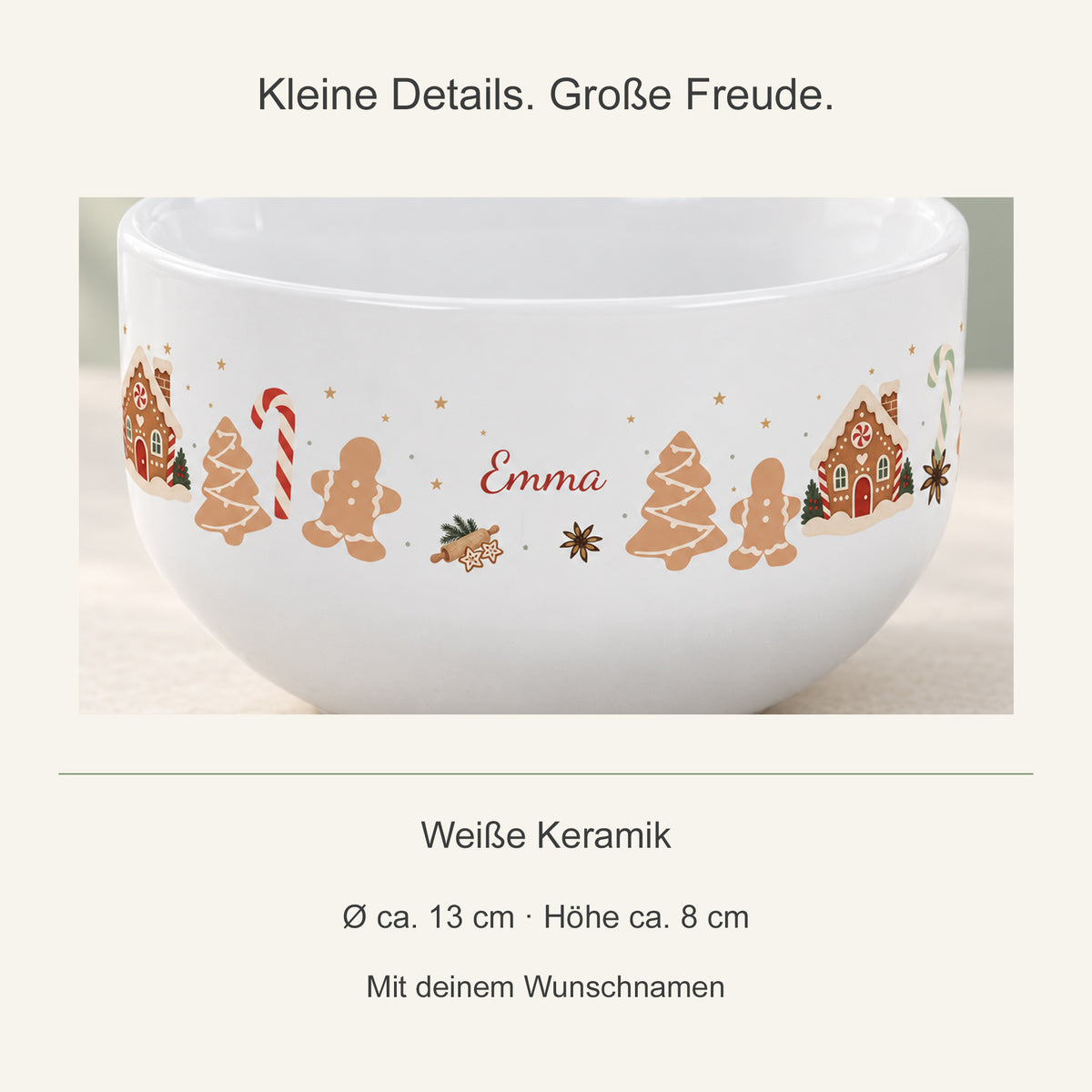 Nahansicht des Weihnachtsmotivs und Angaben zur Keramikschale