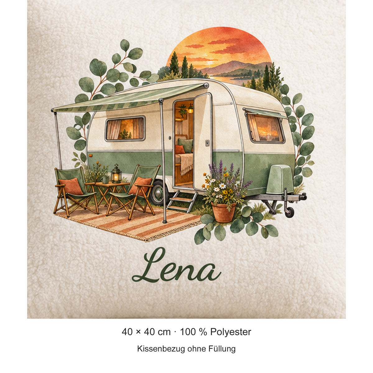 Produktdetails: Camping-Kissenbezug Wohnwagen im Sonnenuntergang, personalisiert mit Lena