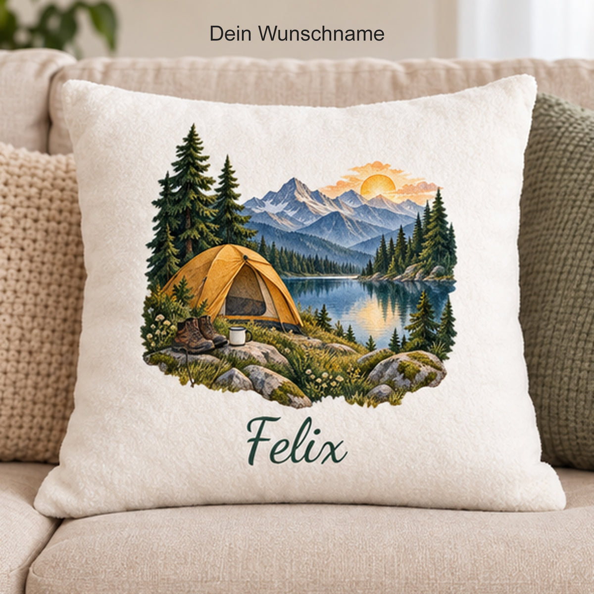 Personalisierung: Camping-Kissenbezug Zelt am Bergsee, personalisiert mit Felix