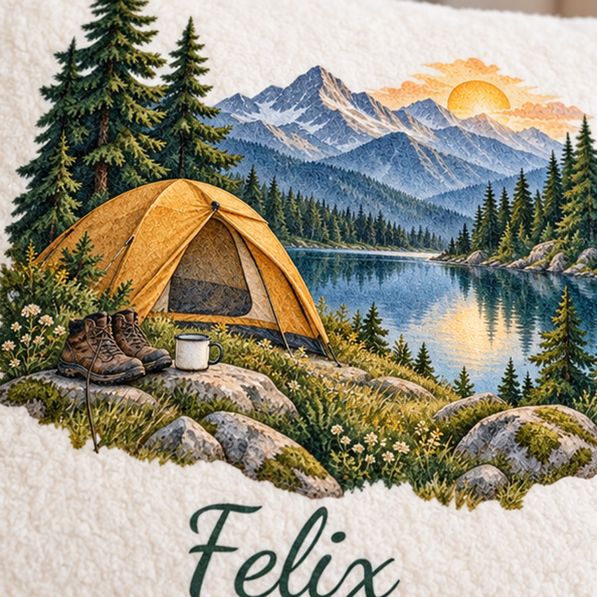 Motivdetail: Camping-Kissenbezug Zelt am Bergsee, personalisiert mit Felix