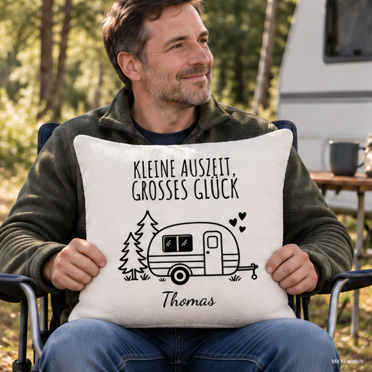Größenansicht mit Person: Camping-Kissenbezug Kleine Auszeit, großes Glück, personalisiert mit Thomas