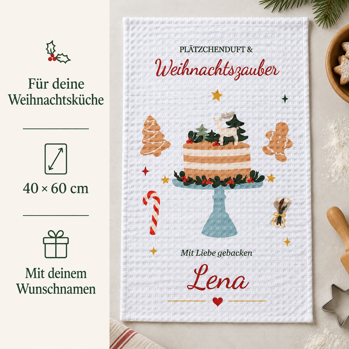 Geschirrtuch Weihnachtsbäckerei mit Namen – Weihnachten – grobes Waffelgewebe, Bild 4